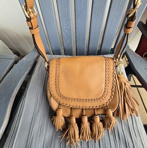 Michael Kors Moroccan Tan Leather Saddle Bag w/ Twisted & Tassle Accents 8x9.75